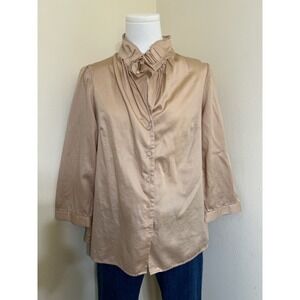 Talbots Women Champagne Beige Ruffle Collar 100% Cotton Blouse Size 6 3/4 Sleeve